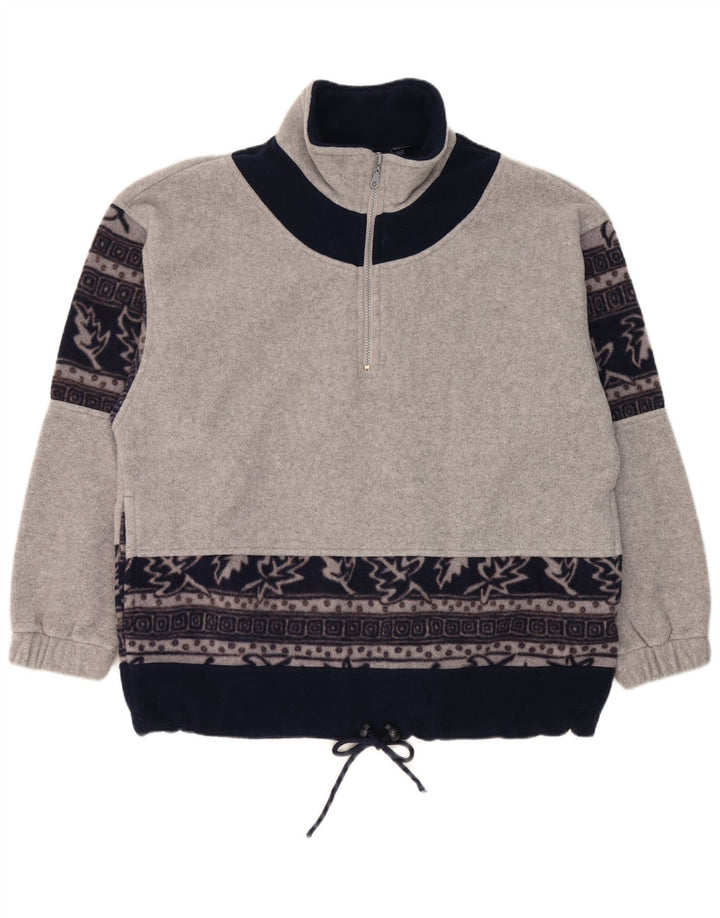 Vintage ανδρικό φερμουάρ Fleece Jumper Μεγάλο Γκρι Floral Πολυεστέρας