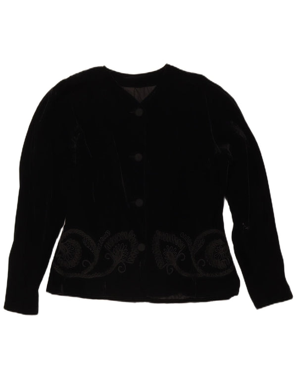 Vintage γυναικείο βελούδινο τζάκετ με 4 κουμπιά UK 14 Medium Black Floral
