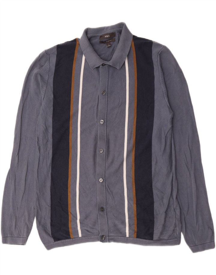 Marks & Spencer Ανδρική ζακέτα πουλόβερ Μεγάλο Navy Blue ριγέ βαμβακερό
