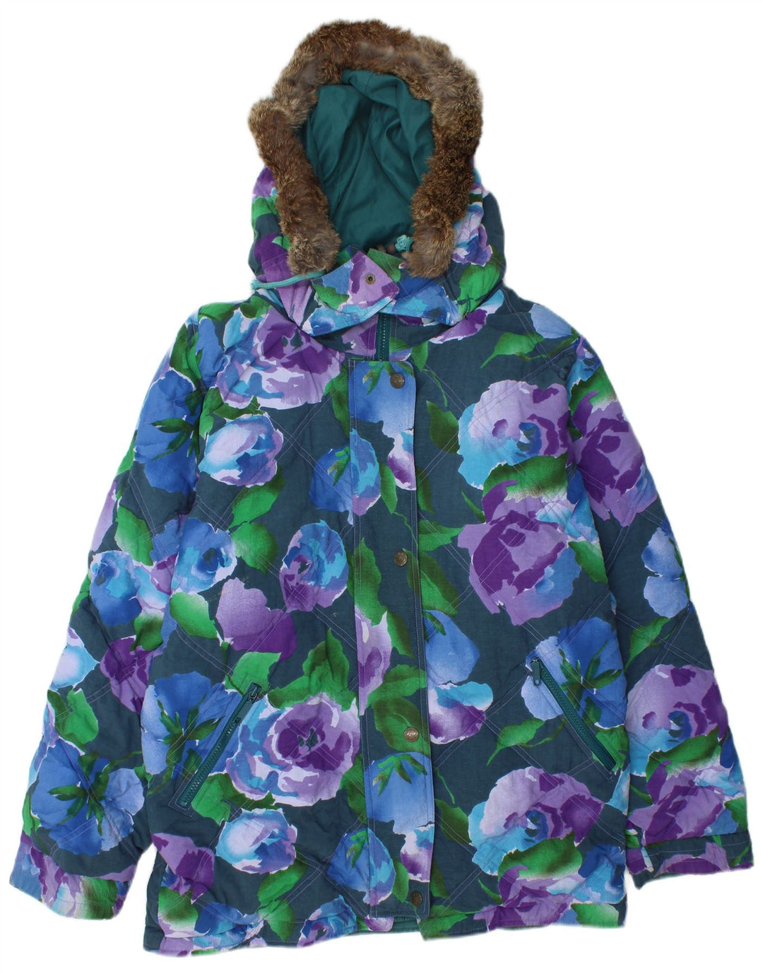 VINTAGE Γυναικείο υπερμεγέθη γραφικό αναστρέψιμο μπουφάν UK 16 μεγάλο τιρκουάζ