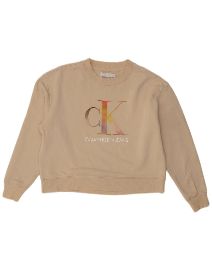 Calvin Klein Jeans Γυναικείο Crop Γραφικό Φούτερ Jumper UK 14 Medium Beige