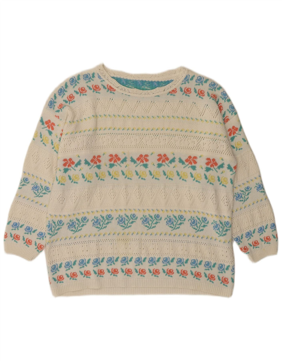 VINTAGE Γυναικείο πουλόβερ με λαιμό καραβάκι IT 46 μεγάλο λευκό φλοράλ ακρυλικό
