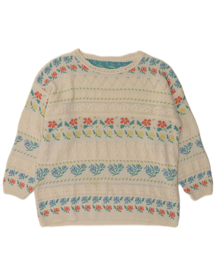 VINTAGE Γυναικείο πουλόβερ με λαιμό καραβάκι IT 46 μεγάλο λευκό φλοράλ ακρυλικό