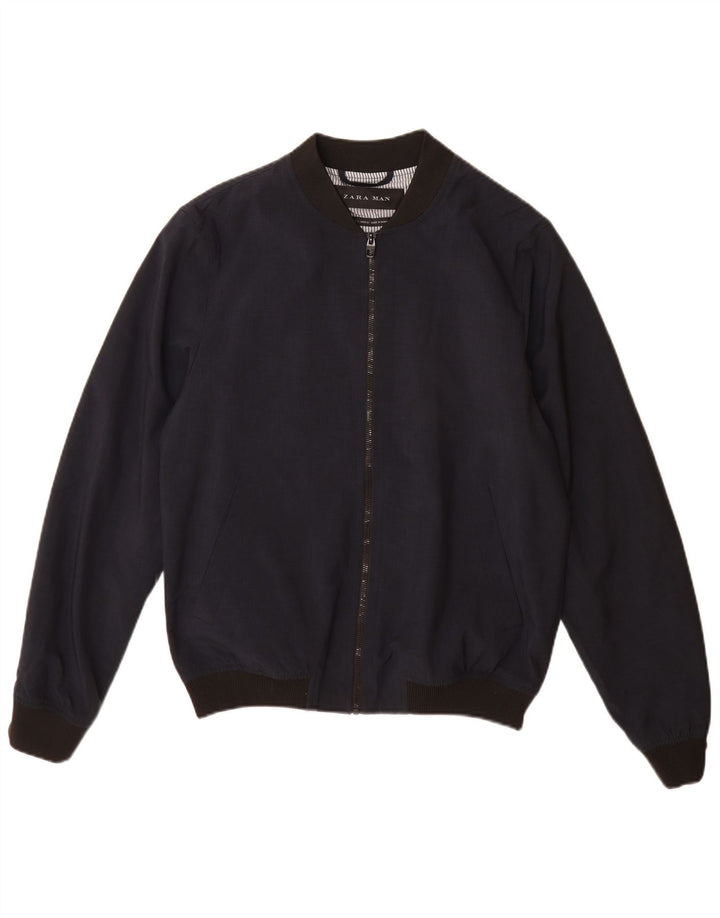 Zara Ανδρικό Bomber Jacket UK 40 Large Navy Blue Polyester