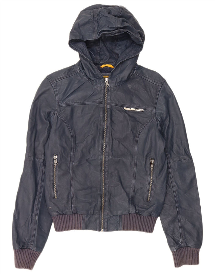 Superdry Γυναικείο Δερμάτινο Μπουφάν με κουκούλα UK 14 Medium Navy Blue Leather