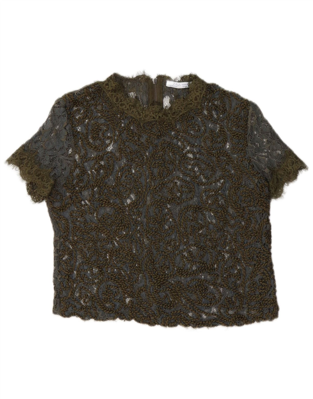 Zara Γυναικεία Crop Lace See Through Top UK 10 Small Khaki Floral