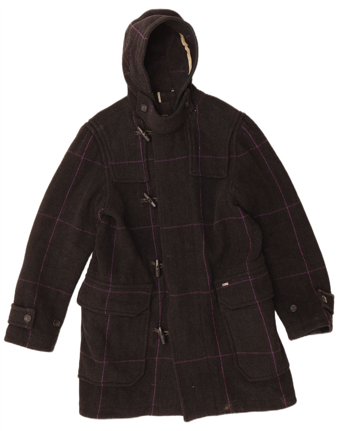TED BAKER Womens Loose Fit Hooded Duffle Coat Size 3 Medium Black Check