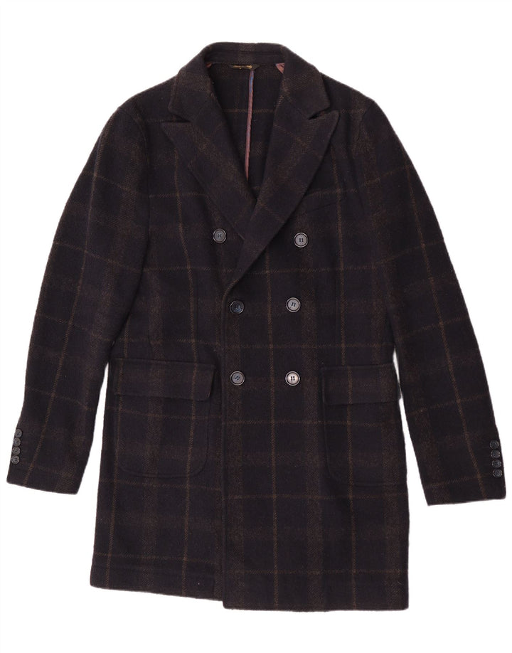 Enrico Coveri Ανδρικό παλτό με διπλό στήθος IT 50 Large Navy Blue Check Wool