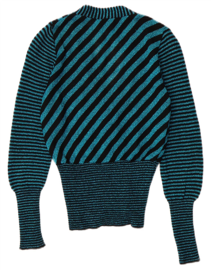 Vintage γυναικείο πουλόβερ ζακέτα με λαιμόκοψη UK 6 XS τιρκουάζ ριγέ