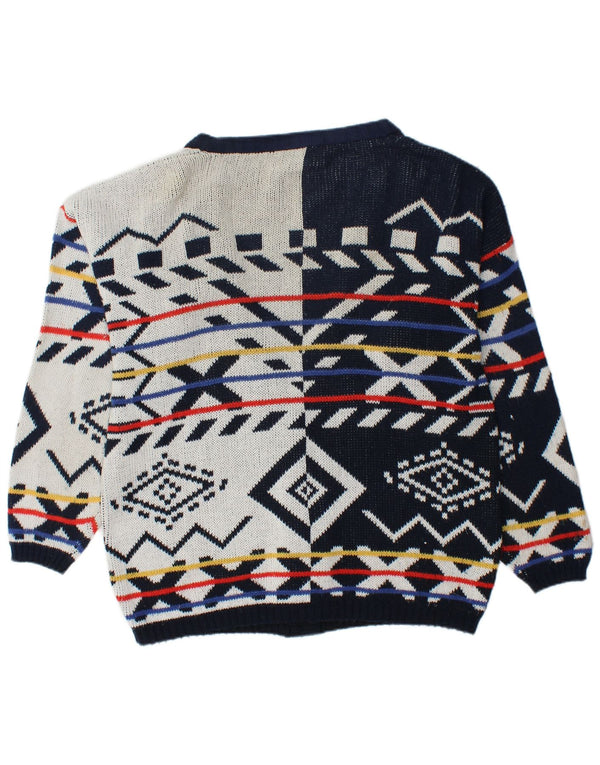 VINTAGE Womens Oversized Cardigan Sweater UK 16 Large Navy Blue Geometric