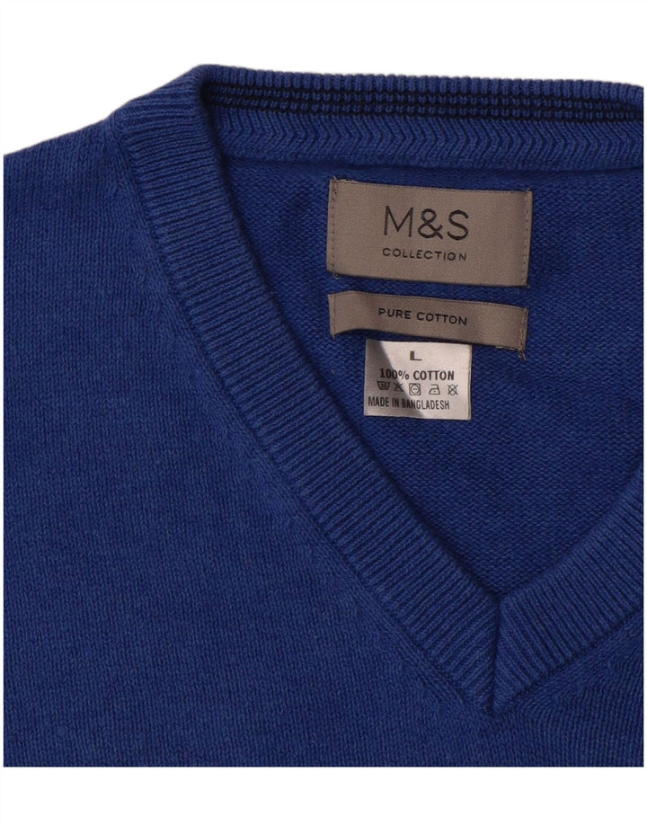 Marks & Spencer Ανδρικό πουλόβερ με λαιμόκοψη με λαιμόκοψη μεγάλο μπλε βαμβακερό