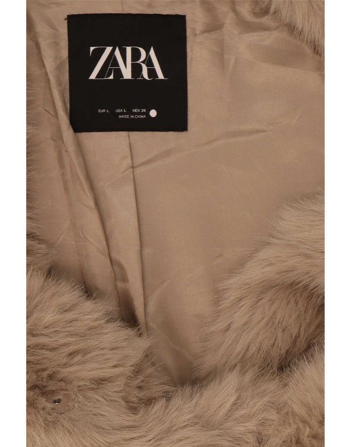 Zara Γυναικείο μπουφάν με ψεύτικη γούνα ποπλίνα UK 16 Large Beige Polyester