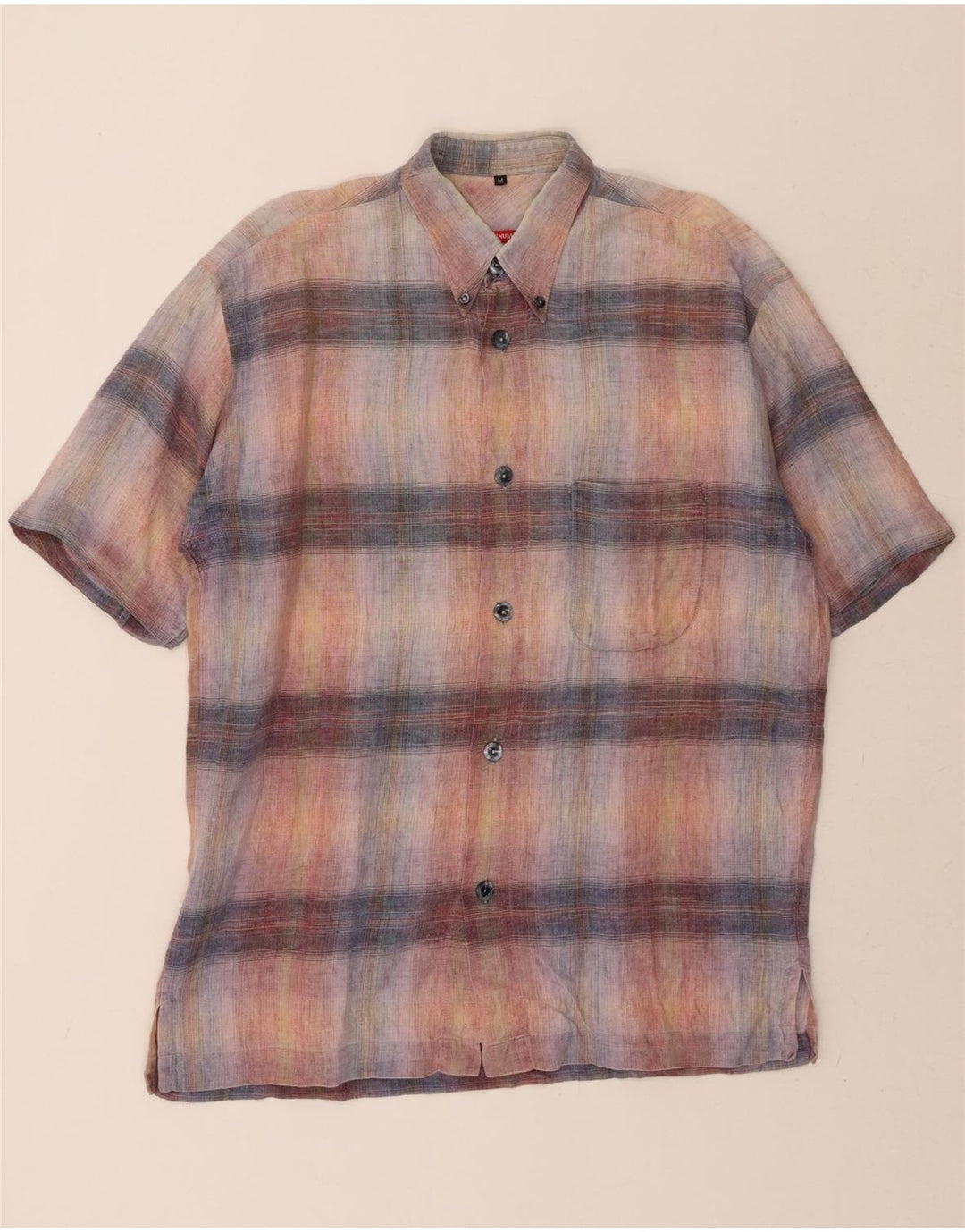SIGNUM Mens Short Sleeve Shirt Medium Multicoloured Plaid Linen Vintage Signum and Second-Hand Signum from Messina Hembry 