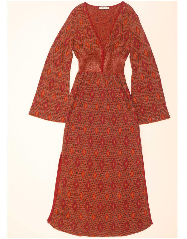 Zara Womens Long Sleeve Knit Maxi Dress UK 12 Medium Red Geometric