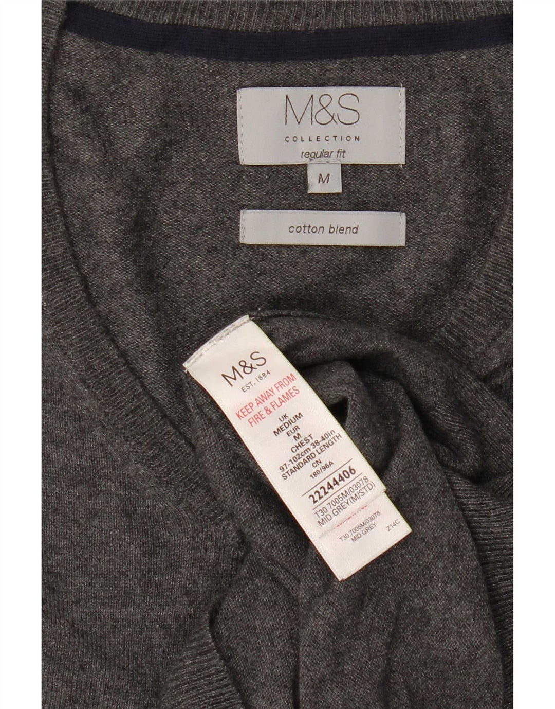 Marks & Spencer Ανδρικό πουλόβερ με κανονική εφαρμογή με λαιμόκοψη σε μεσαίο βαμβακερό γκρι