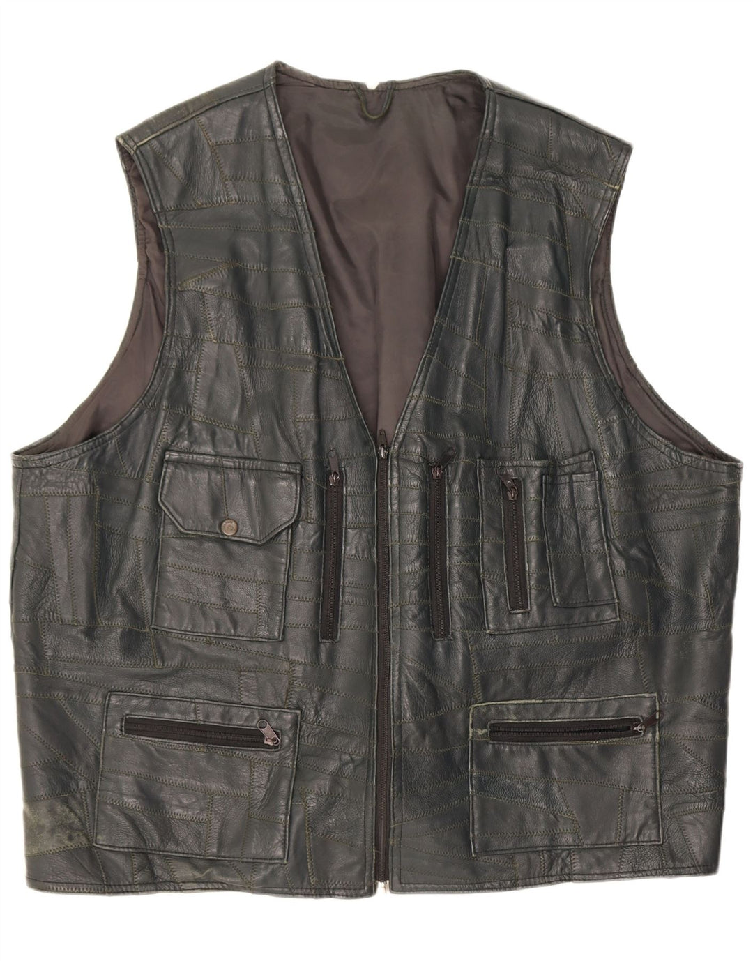 Vintage Mens Leather Utility Gilet UK 46 3XL Black Patchwork