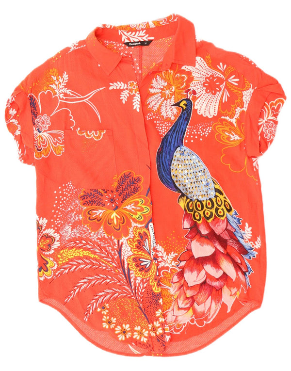 DESIGUAL Γυναικείο κοντομάνικο πουκάμισο γραφικό μπλούζα UK 14 Μεσαίο ροζ λουλουδάτο