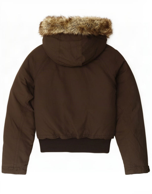 Woolrich γυναικείο μπουφάν με κουκούλα με επένδυση UK 14 μεγάλο καφέ βαμβακερό