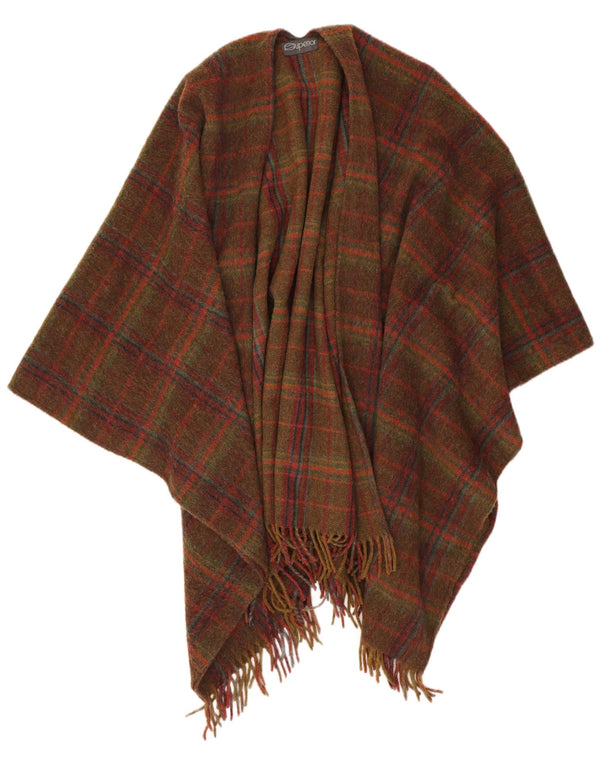 Superior Γυναικείο Ανοιχτό Poncho Jumper UK 16 Large Brown καρό μαλλί