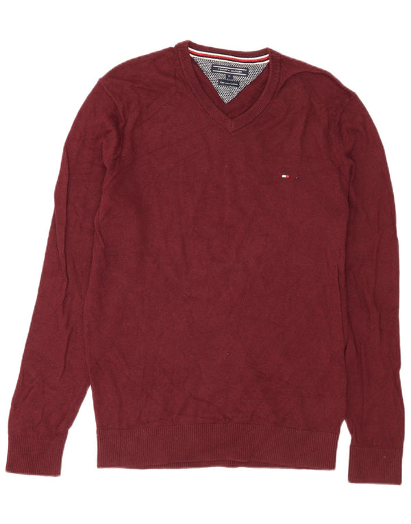 Ανδρικό πουλόβερ Tommy Hilfiger με V λαιμόκοψη, μεσαίο βαμβακερό μπορντό