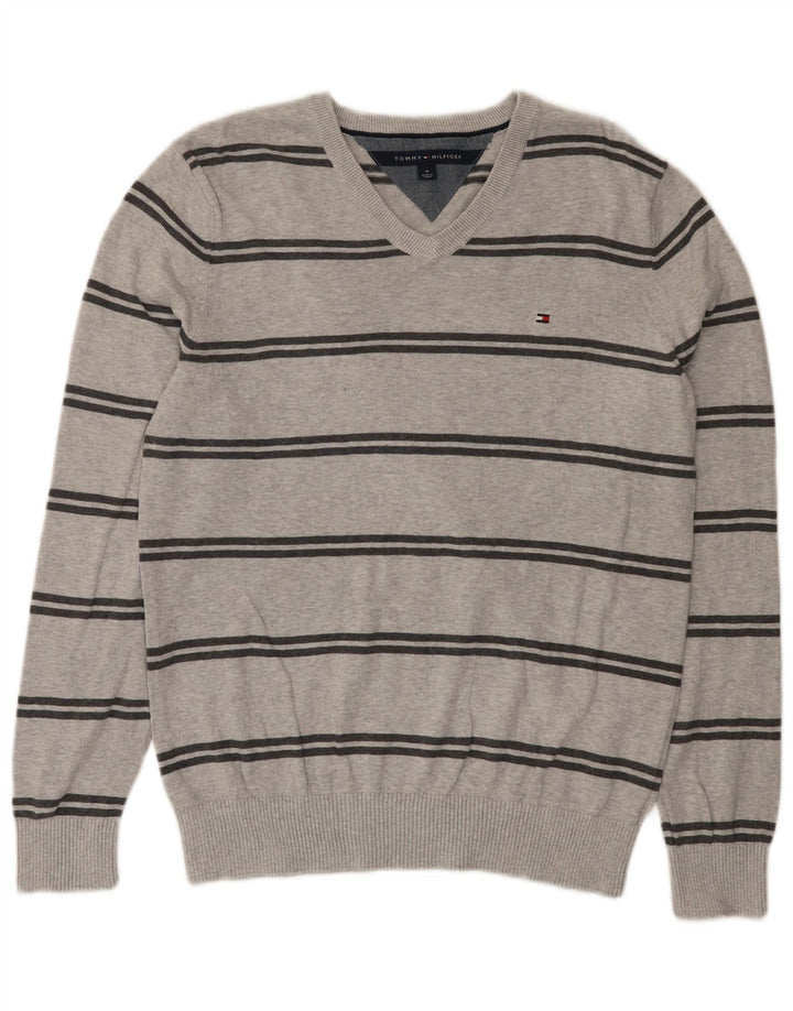 Tommy Hilfiger Ανδρικό πουλόβερ με λαιμόκοψη με λαιμόκοψη, μεσαίο γκρι βαμβακερό ριγέ