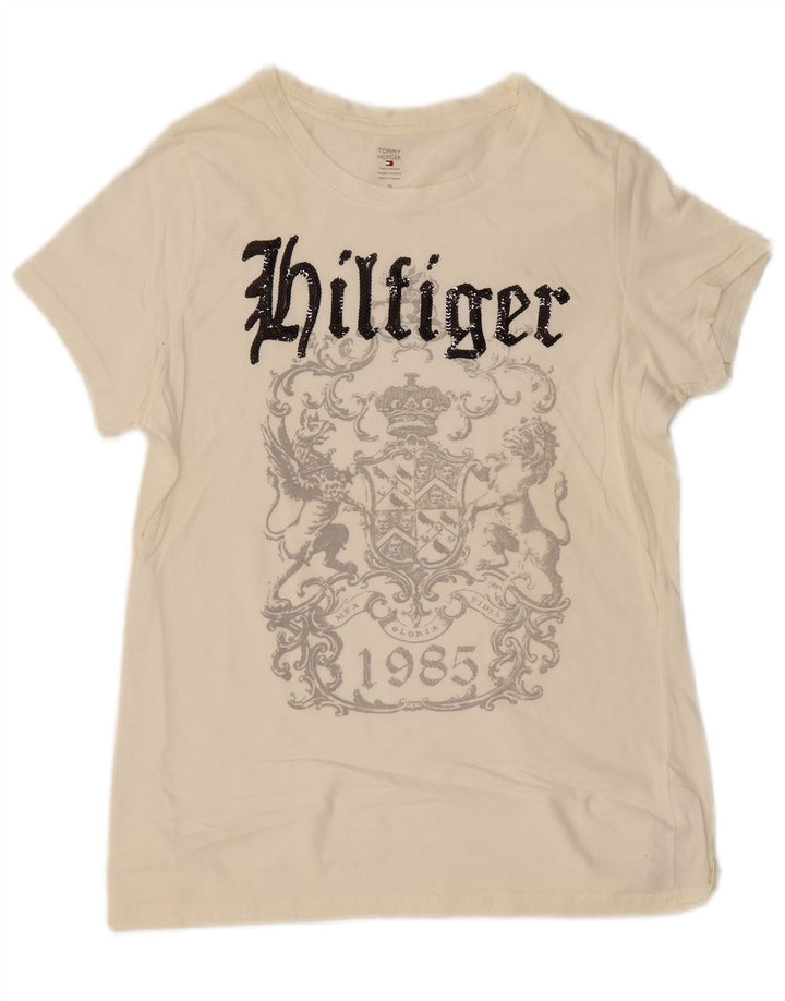 Γυναικείο γραφικό μπλουζάκι TOMMY HILFIGER Top UK 12 Βαμβακερό μεσαίο σε ανοιχτό λευκό