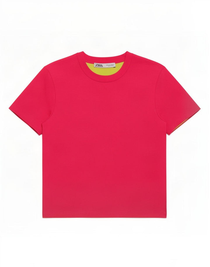 Zara Γυναικείο T-Shirt Crop Top UK 12 Medium Pink Polyester