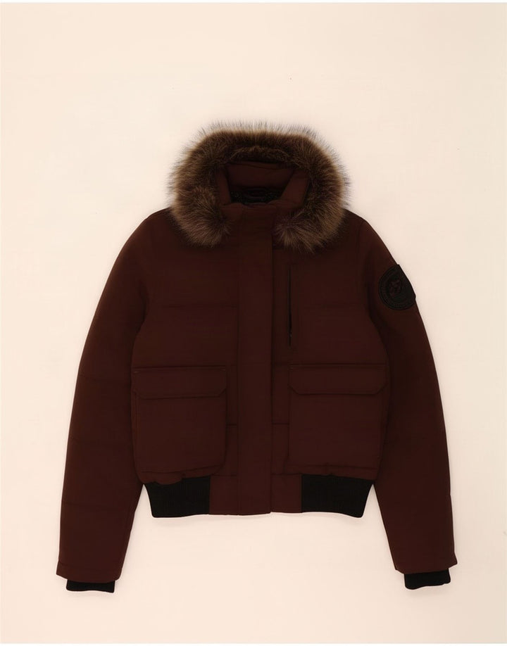 Superdry γυναικείο μπουφάν με κουκούλα με επένδυση UK 12 Medium Brown Colorblock
