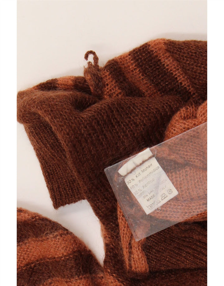 VINTAGE Γυναικείο πουλόβερ με ρολό λαιμόκοψη UK 14 Μεγάλο καφέ ριγέ μοχέρ