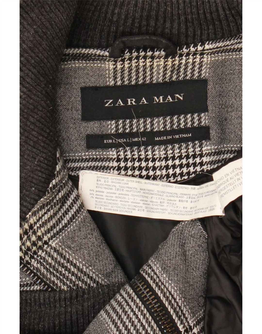 Zara Ανδρικό Bomber Jacket UK 40 Large Grey Houndstooth Polyester