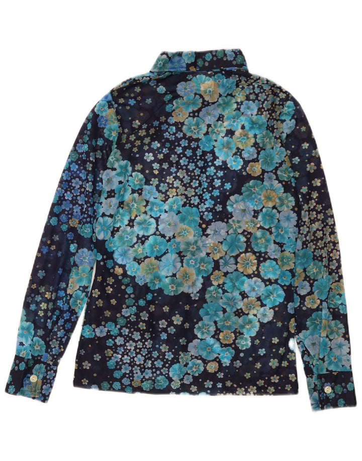 VINTAGE Γυναικείο πουκάμισο Μπλούζα UK 10 Small Navy Blue Floral Polyamide