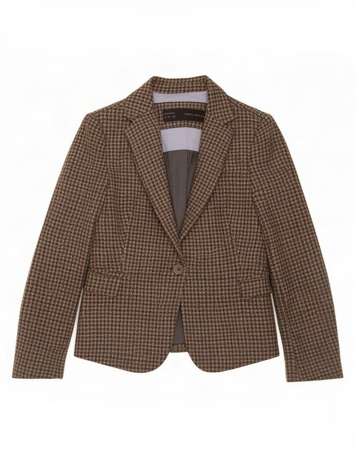 Zara Γυναικείο σακάκι 1 κουμπιού blazer UK 10 μικρό καφέ μαλλί Houndstooth