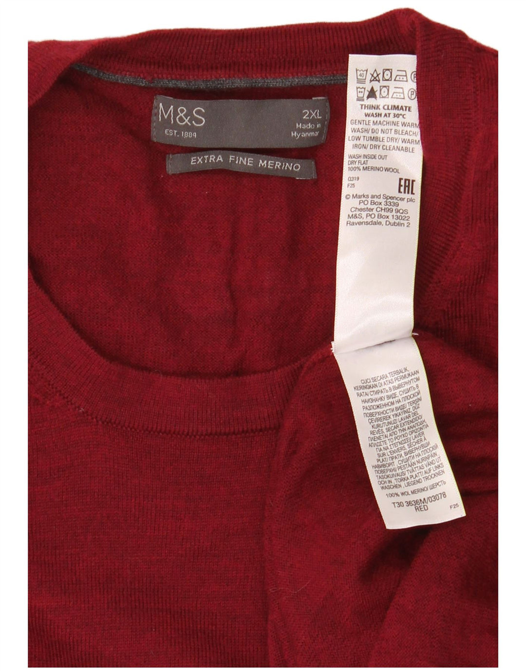 Marks & Spencer Ανδρικό πουλόβερ με λαιμόκοψη XL κόκκινο μαλλί μερινό