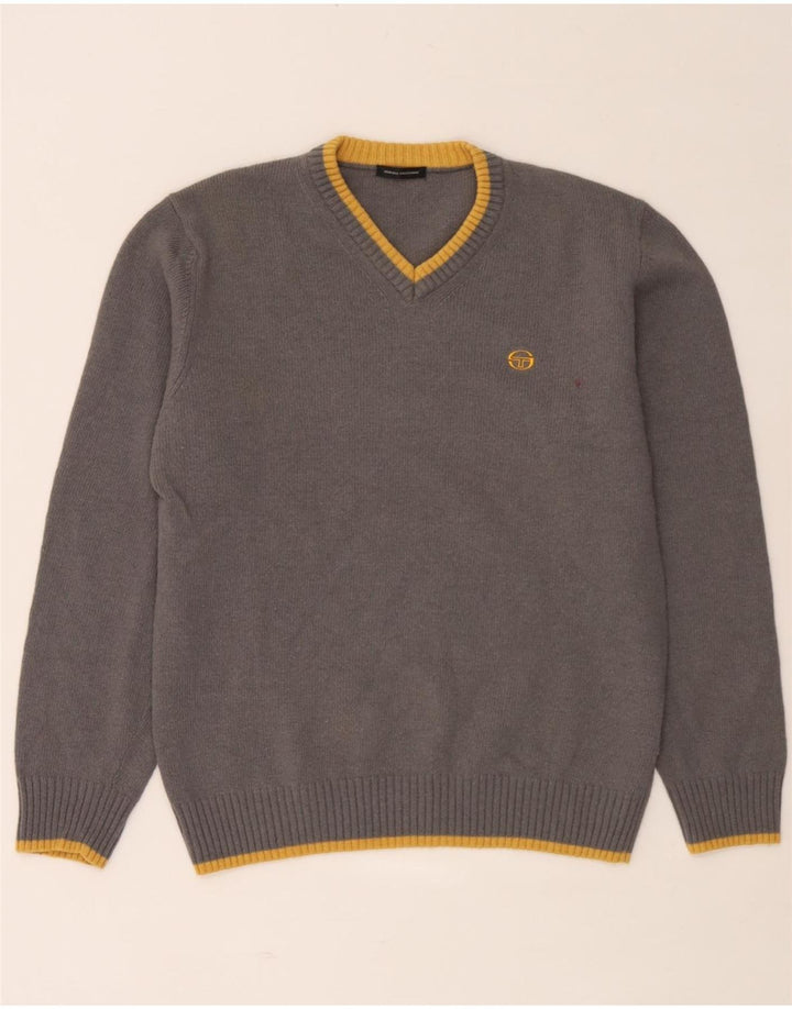 Sergio Tacchini Ανδρικό πουλόβερ με λαιμόκοψη με λαιμόκοψη, μεγάλο γκρι ριγέ μαλλί