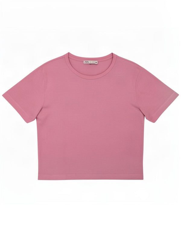 Zara Womens Crop T-Shirt Top UK 14 Large Pink Cotton
