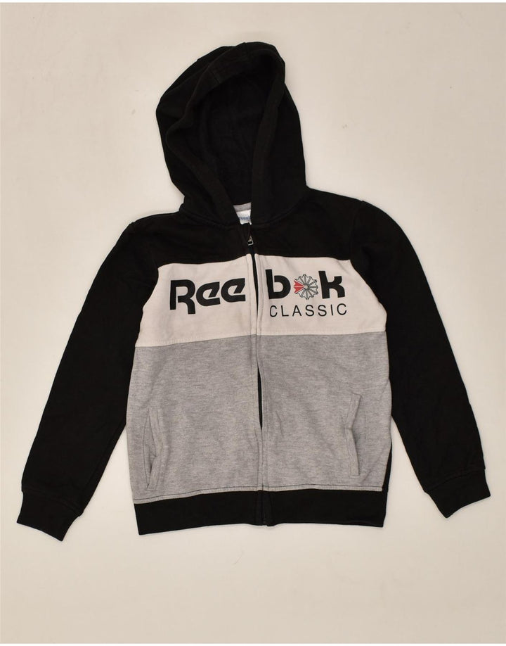 REEBOK Boys Graphic Zip Hoodie Sweater 6-7 Years Black Colourblock Cotton | Vintage Reebok | Thrift | Second-Hand Reebok | Used Clothing | Messina Hembry 