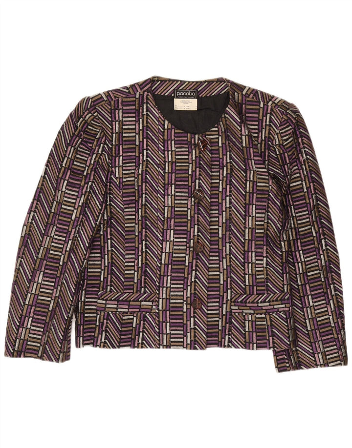 Vintage γυναικείο τζάκετ blazer UK 14 μεσαίου πορφυρού γεωμετρικό μετάξι