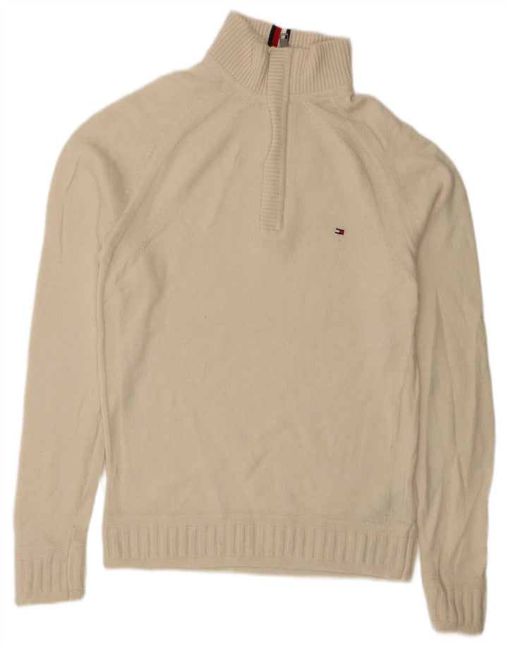 Ανδρικό πουλόβερ με φερμουάρ Tommy Hilfiger, μάλλινο μεγάλο σε ανοιχτό λευκό χρώμα