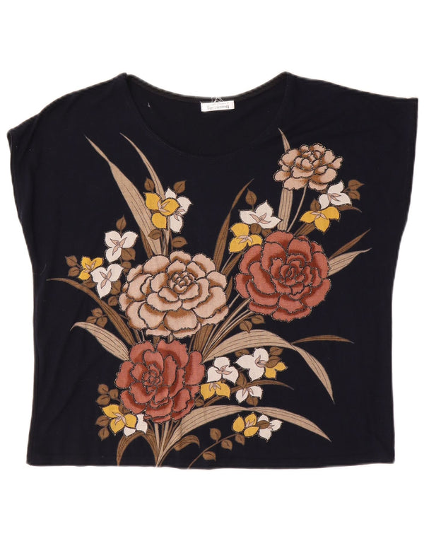 Vintage Womens Graphic T-Shirt Top UK 14 Large Navy Blue Floral