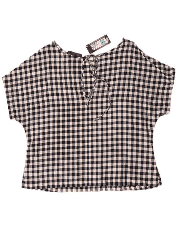Marks & Spencer Womens Blouse Top UK 14 Large Navy Blue Gingham Cotton