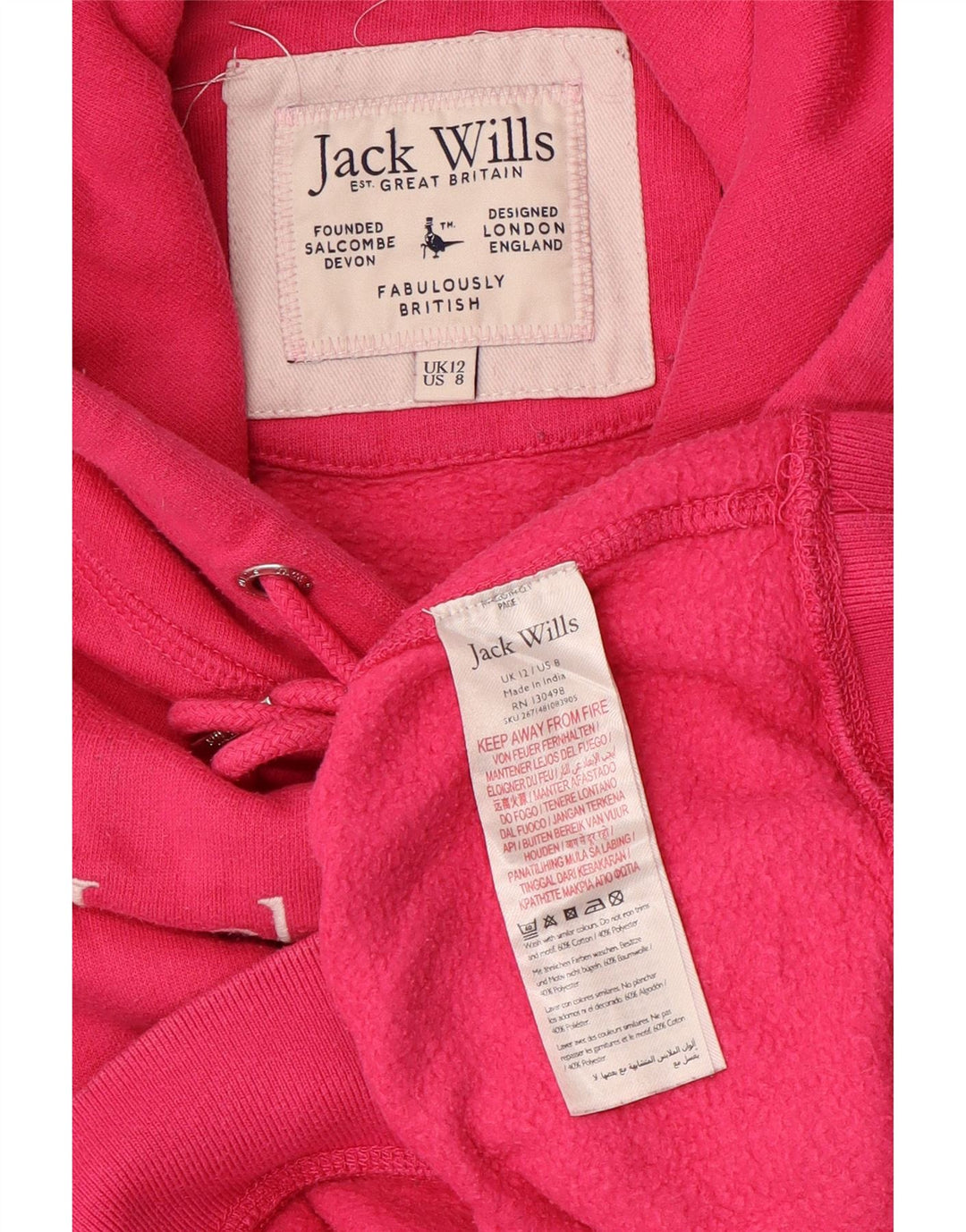 JACK WILLS Γυναικείο υπερμεγέθη Crop Graphic Hoodie Jumper UK 12 Medium Pink