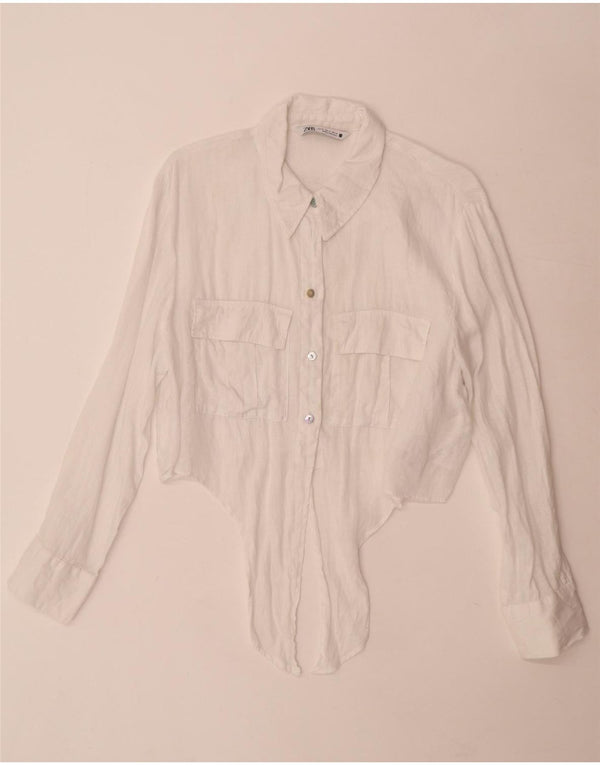 Zara Γυναικείο πουκάμισο Crop με γραβάτα UK 18 XL Λευκό Λινό