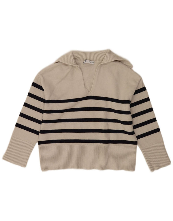 Zara γυναικείο πουλόβερ με ρολό λαιμόκοψη UK 10 Small Off White ριγέ