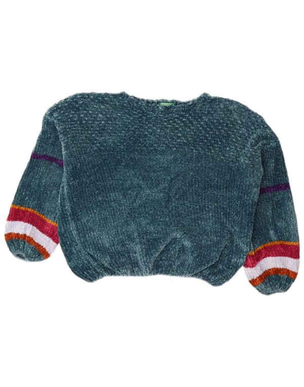 BENETTON Γυναικείο βελούδινο πουλόβερ με λαιμόκοψη UK 12 μεσαίο πράσινο ριγέ