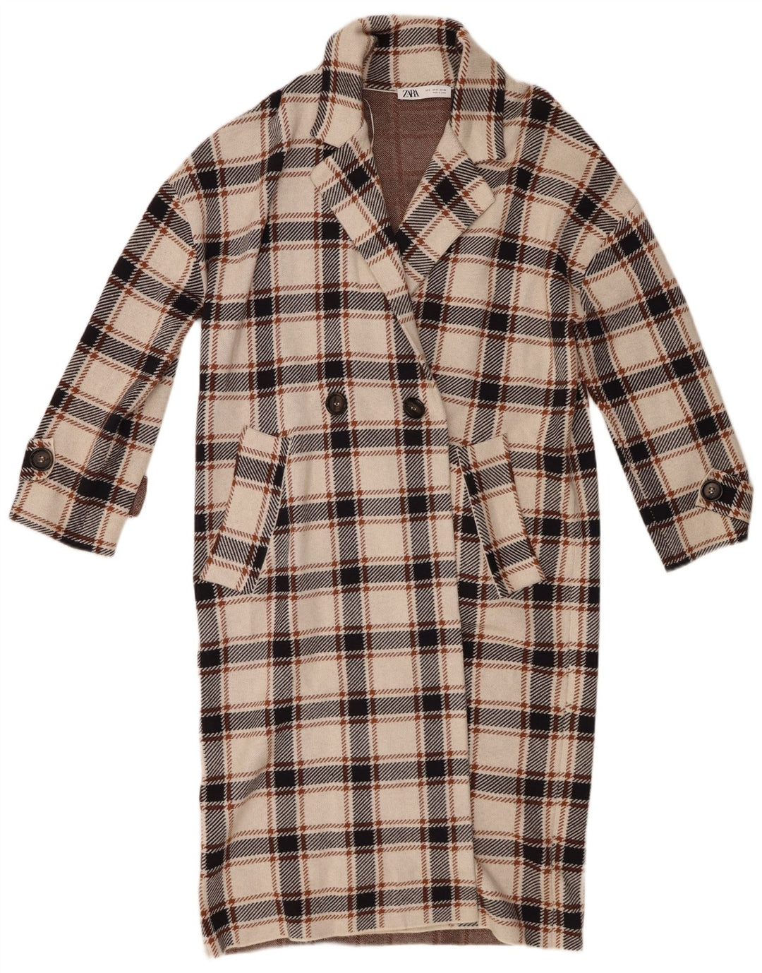 Zara Γυναικείο παλτό με διπλό στήθος UK 10 Small Beige Check Viscose