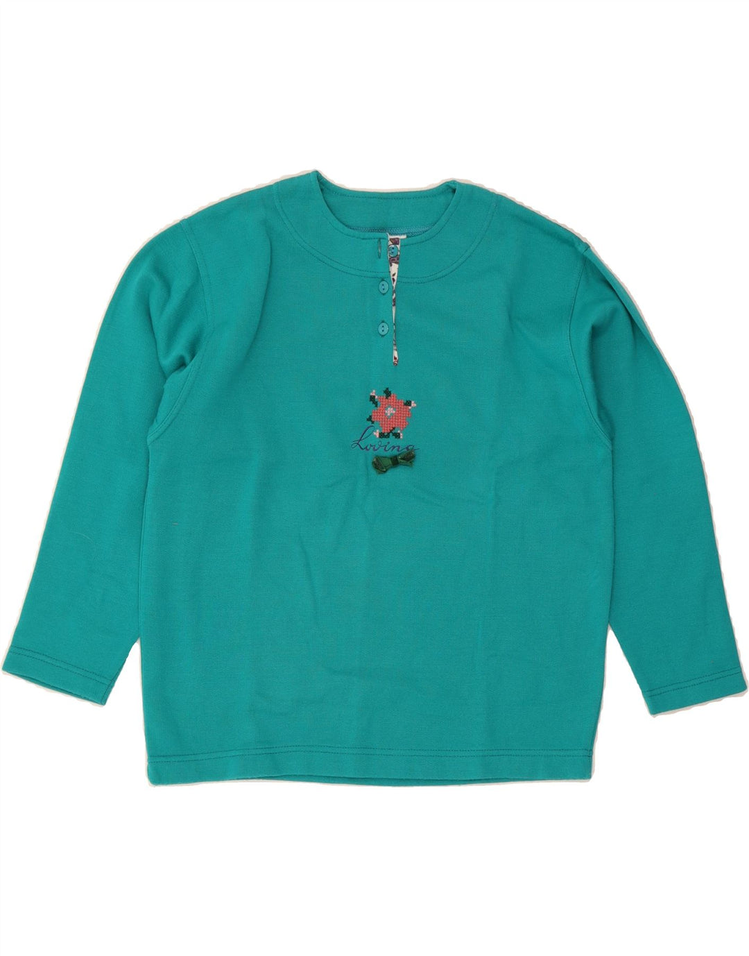 CAMPAGNOLO Womens Graphic Sweatshirt Jumper IT 42 Medium Turquoise Cotton Vintage Campagnolo and Second-Hand Campagnolo from Messina Hembry 