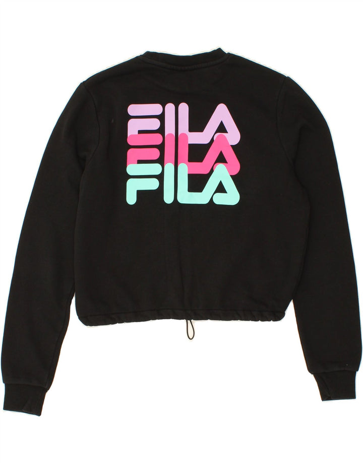 FILA Womens Oversized Crop Graphic Sweatshirt Jumper UK 10 Small Black Vintage Fila and Second-Hand Fila from Messina Hembry 