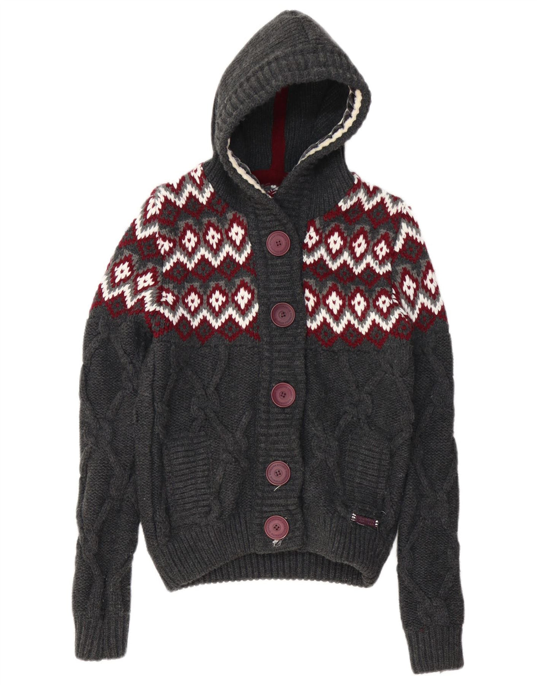 Γυναικείο πουλόβερ ζακέτα με κουκούλα SUPERDRY UK 10 Small Grey Fair Isle Acrylic