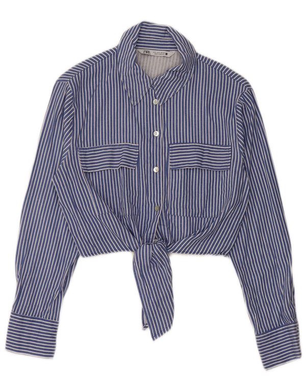 Zara Womens Front Tie Crop Shirt Blouse UK 10 Small Blue Striped