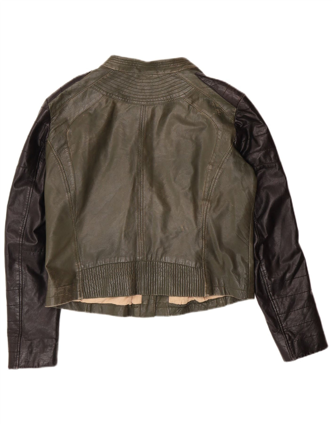 DAVID MOORE Γυναικείο Crop Biker Jacket UK 16 Large Green Colourblock Δερμάτινο